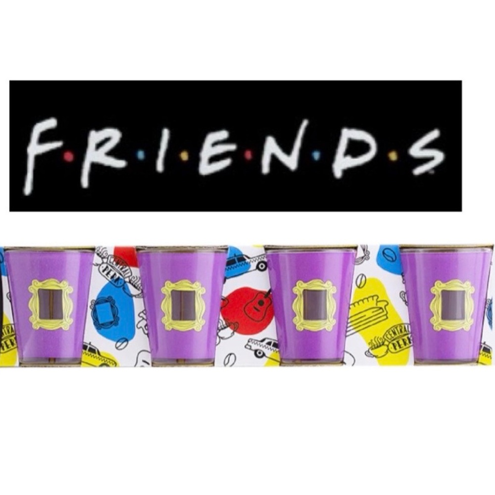 🎯 FRIENDS Set of 4 Purple w Yellow Frame Shot Glasses NIB